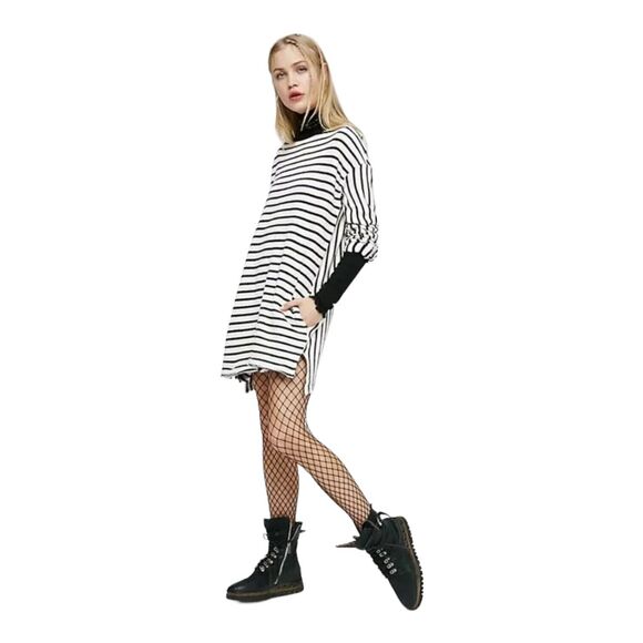 FREE PEOPLE Come On Over Striped Tunic Dress Pockets Beach Small Cotton Sweater - Picture 1 of 10